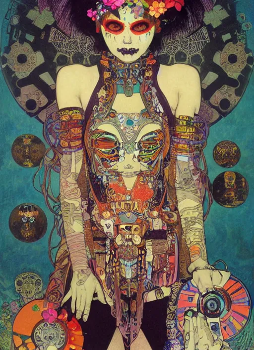 Prompt: cute punk goth fashion hippy fractal Día de los Muertos alien girl wearing kimono made of circuits and leds by Mario Testinoa, poster art by Hannah Höch Victor Moscoso Rick Griffin Alphonse Mucha Gustav Klimt Ayami Kojima Amano Charlie Bowater