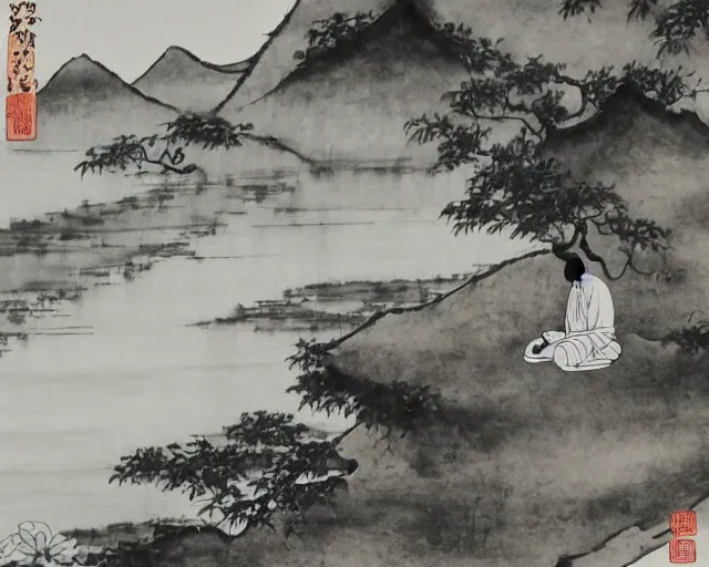 Prompt: zen monk meditating by a river, chinese landscape, traditional chinese ink painting,