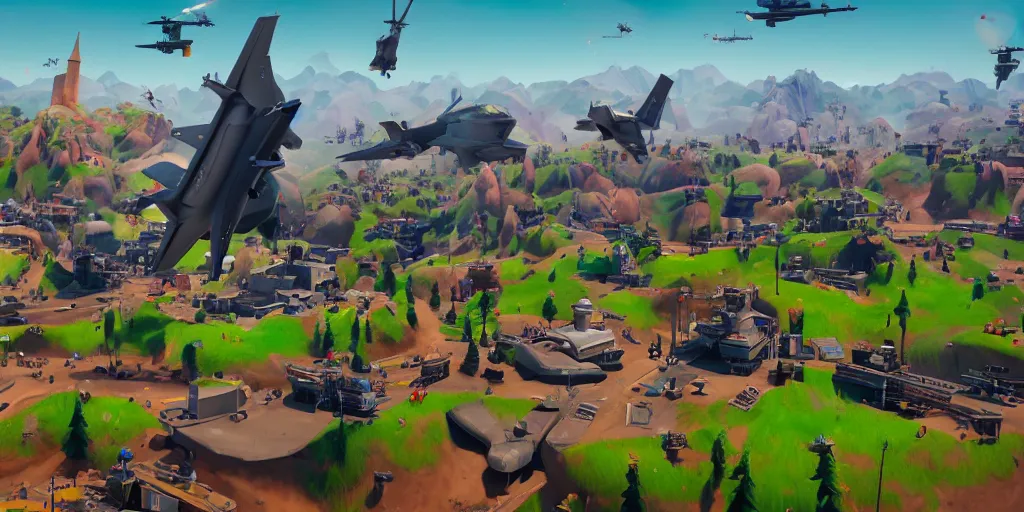 Image similar to cinematic, concept art, Orwellian Disney Land with high walls behind a crowd of climate refuges while F-35 raptors fly the Google logo in a dark sky in the art style of Fortnite, depth of field, 8k, 35mm film grain, unreal engine 5 render