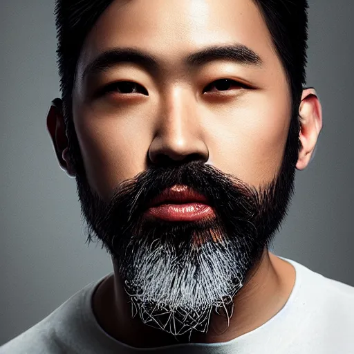 Prompt: of male portrait. creative. asian, inquisitive, bold, beard, sarcastic. contrary. big. high details, photorealistic. artstation trending.