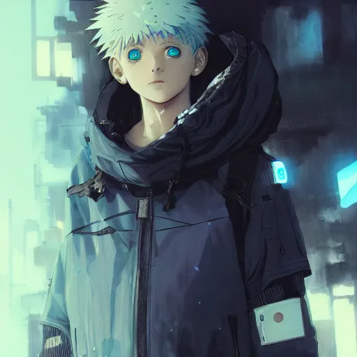 Image similar to killua zoldyck, edgy streetwear, techwear, cyberpunk style outfit, scifi, blue side lighting, detailed portrait, intricate complexity, by greg rutkowski, ross tran, conrad roset, takato yomamoto, ilya kuvshinov. 4 k, beautiful, aesthetic octane render, cinematic dramatic atmosphere