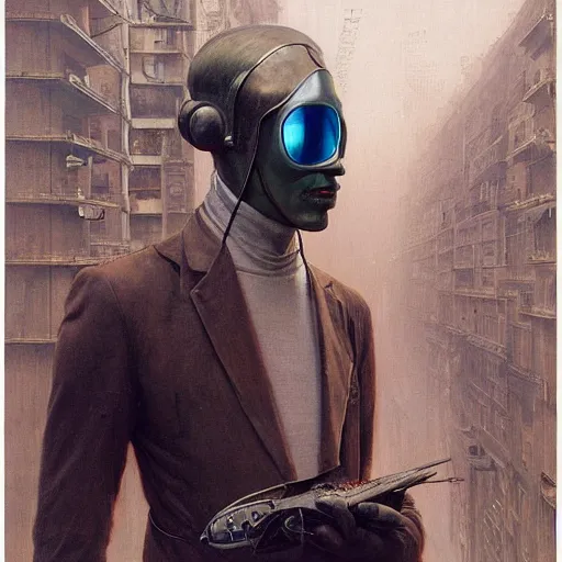 Image similar to portrait of masked cyberpunk scientist on the art deco streets of the Empire city, award-winning realistic sci-fi concept art by Beksinski, Bruegel, Greg Rutkowski, Alphonse Mucha, and Yoshitaka Amano