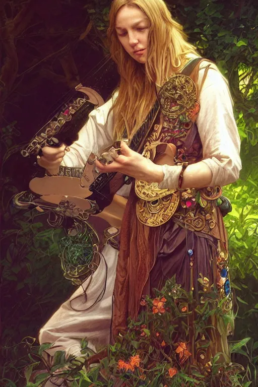 Image similar to portrait of a druid playing an electronic!!-musical-instrument, intricate, stunning, highly detailed, digital painting, artstation, concept art, smooth, sharp, focus, illustration, art by artgerm and greg rutkowski and alphonse mucha