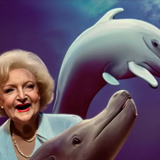 Prompt: betty white riding a saddled dolphin in space, 2 0 2 1 weta digital, cinematic vfx