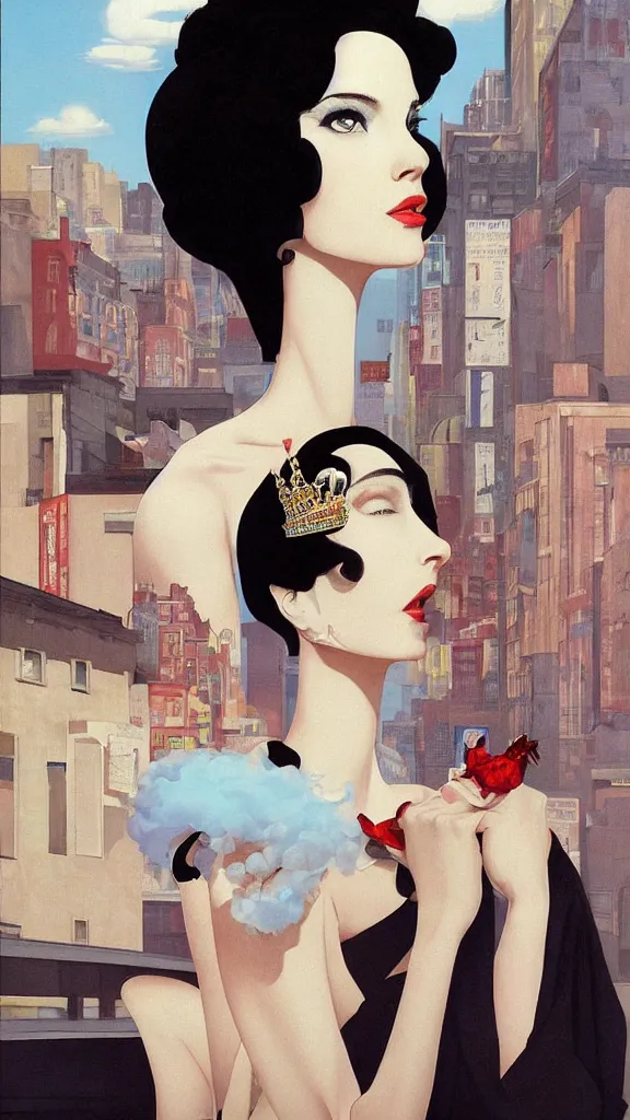 Image similar to a tall and beautiful pale woman with very black hair with a crown on her head walk in the streets of new york circa 1 9 8 4 edward hopper and james gilleard, surreal, open ceiling, highly detailed, airbrush, ilya kuvshinov, wlop, stanley artgerm, very coherent, art by takato yamamoto and james jean