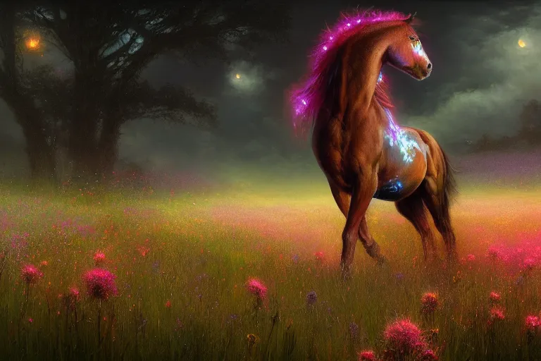 Prompt: a stunning digital painting of a horse with a mane of bioluminescent flowers running through a field of flowers by greg rutkowski, neonpunk, volumetric light, digital art, fine detail, photorealistic