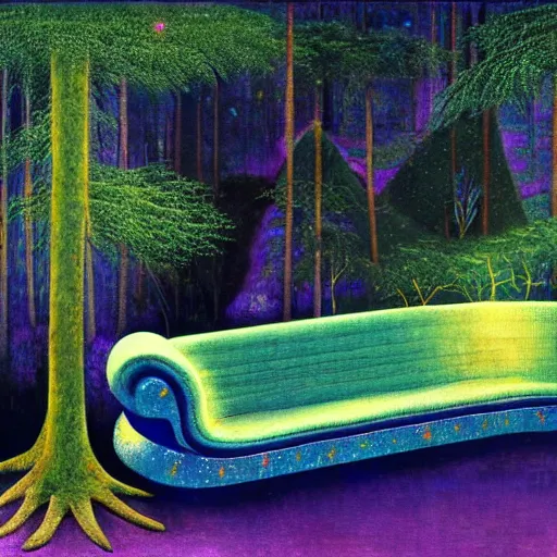 Image similar to psychedelic couch sofa in the lush pine forest, milky way, designed by arnold bocklin, jules bastien - lepage, tarsila do amaral, wayne barlowe and gustave baumann, cheval michael, trending on artstation, star, sharp focus, colorful refracted sparkles and lines, soft light, 8 k 4 k