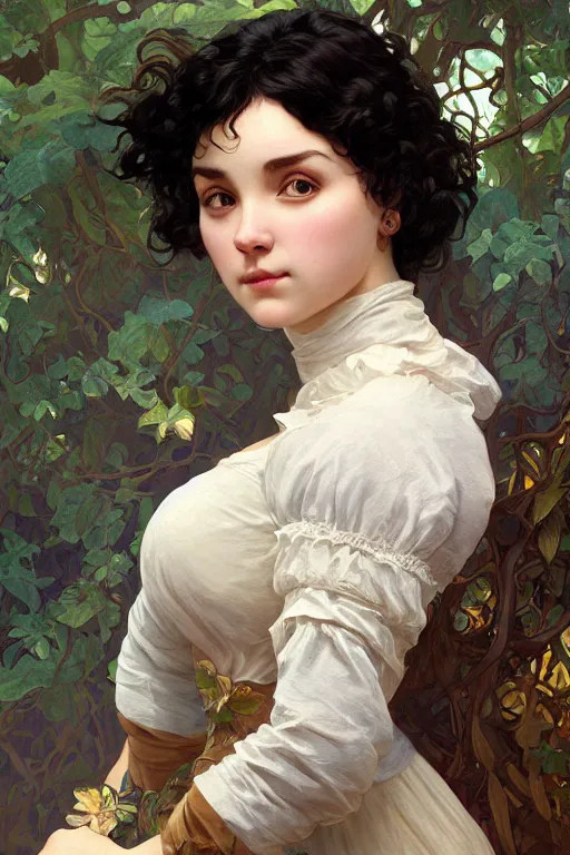 Prompt: beautiful cottagecore of a girl with short black curly hair, round face, cute face. intricate, elegant. highly detailed, digital painting, artstation, concept art, smooth, sharp, focus, illustration. art by artgerm and greg rutkowski alphonse mucha and Marat Safin