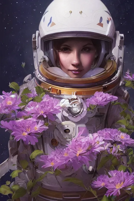 Image similar to ultra realistic illustration, astronaut in space with flowers blossoming from helmet, elegant, highly detailed, digital painting, concept art, smooth, sharp focus, illustration, art by artgerm and greg rutkowski and alphonse mucha