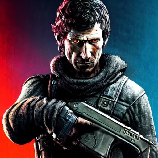 Image similar to todd howard with a pistol, forcing you to buy skyrim, threatening, sharp, cinematic, colorful, digital art, neon, bright, cyberpunk, blade runner 2 0 4 9, realism, bold