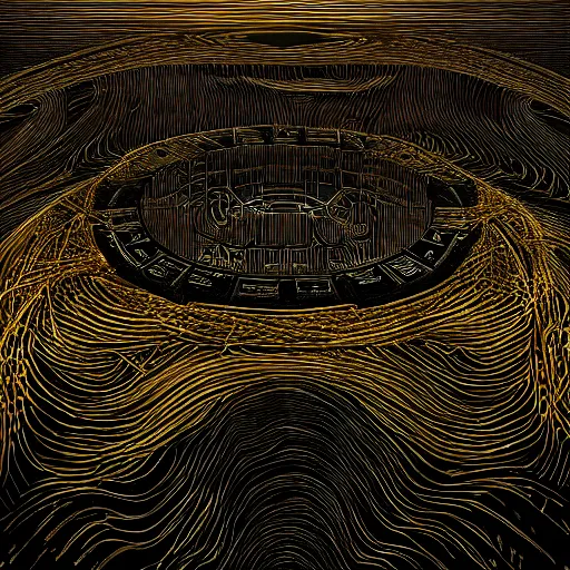 Prompt: sunra, gold river in black landscape by jeffrey smith and wlop and gustave dore, featuring rhodium wires, circuitry, code, binary, cryptonomicon, dmt entity, ambient occlusion, 3 d concept render, scientifically accurate, artstation, intricate, beautiful, look at that detail!