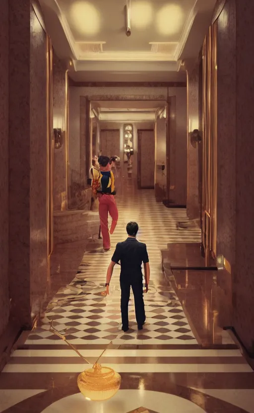 Prompt: a young man explores the halls and foyer of a grand old art deco hotel, meeting its eclectic guests. film poster. wes anderson. golden light. collage. photorealistic. octane render. cinematic. trending on artstation. textless.