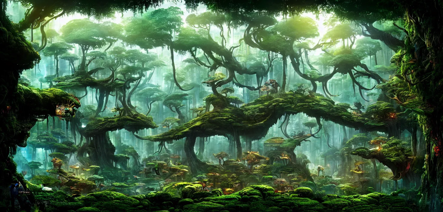 Image similar to forest world of avatar ， central symmetrical composition, incredible, vector art, octane render, fabulous, hyper detailed, random cinematic view, no noise, global illumination, warm lighting, volumetric, godrays, vivid, beautiful