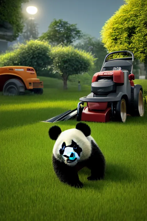 Image similar to a panda is pushing an oldshool lawn mower mowing his lawn, suburban garden, golden hour, cgsociety and beeple highly detailed, cinematic lighting, illustration, art, octane render, unreal engine lumen, very coherent. cinematic, hyper realism, high detail, octane render, 8 k