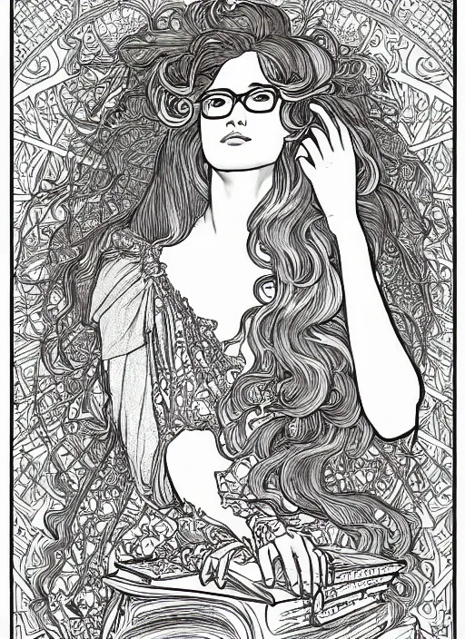 Prompt: clean line art of a woman with light brown hair and glasses sitting on top of a tall pile of books. well composed, clean coloring book page, beautiful detailed face. coloring book line art by johanna basford and alphonse mucha
