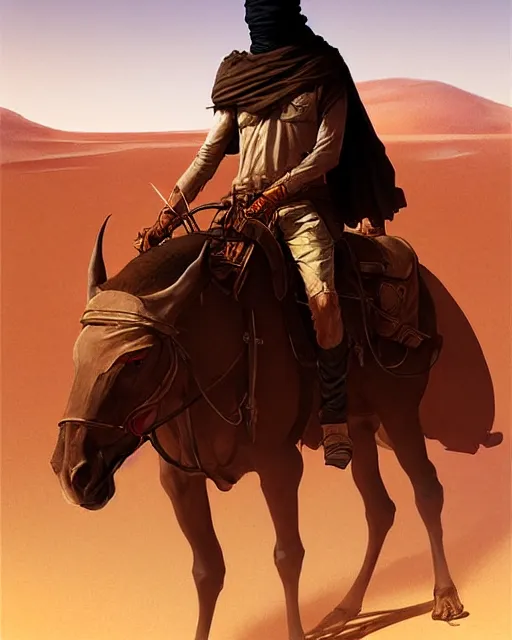 Image similar to male desert stalker, lonely rider, covered head | | realistic shaded, fine details, realistic shaded lighting poster by greg rutkowski, diego gisbert llorens, magali villeneuve, artgerm, jeremy lipkin and rob rey