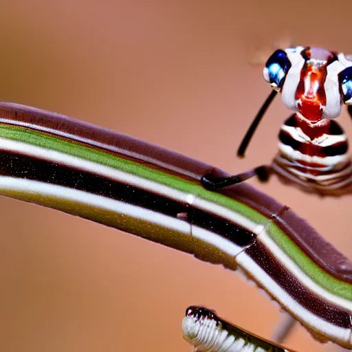 Image similar to wildlife photography of a striped tiger mantis, macro photography, 4k