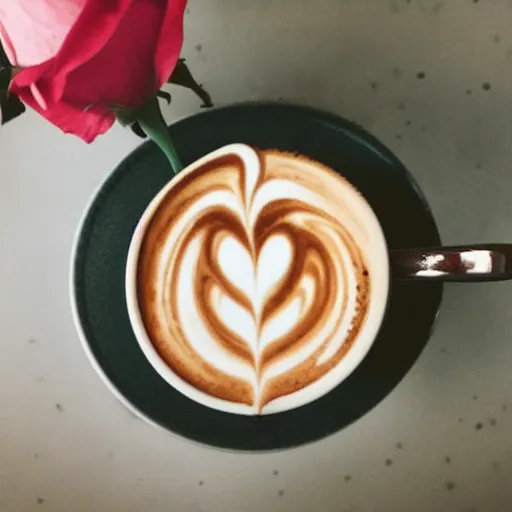 Image similar to photograph of a latte with a rose latte art, high quality, food, contrast