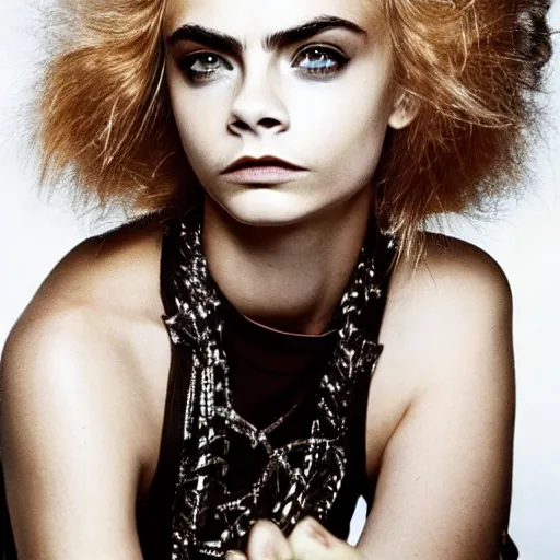 Image similar to photo of a gorgeous 20-year-old Cara Delevingne 1980s punk hairstyle by Mario Testino, detailed, head shot, award winning, Sony a7R -