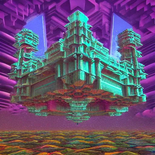 Prompt: artstation vaporwave holographic mandelbulb fantasy floating Mountain city flying Castle in the fluid nebula