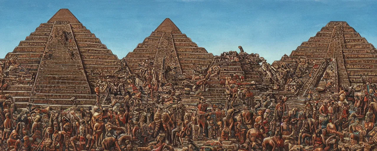 Prompt: a monumental shot of a massive aztec sculpture between mexican pyramids, daniel lezama painting style