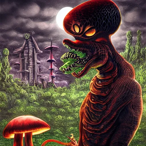 Image similar to A centered chest up portrait of a psychedelic demonic anthropomorphic snake smoking a hand-rolled cigarette smoking heavily , magic mushroom village in background , award winning. superb resolution. in the art style of junji Ito and greg rutkowski . Detailed Mushroom city in background. Hyper realistic anime. Perfect art. Dalle2