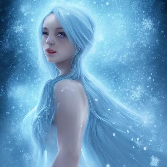 Image similar to full body portrait of a stunningly beautiful woman with pale blue hair wearing a white dress made out of snowflake in the middle of a raging snowstorm. award - winning digital art, trending on artstation