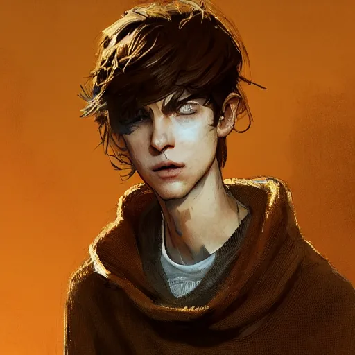 Image similar to portrait of a very masculine teenage girl with blue eyes and brown hair, short men's haircut, smiling, wearing an oversized sweater, dramatic lighting, illustration by Greg rutkowski, yoji shinkawa, 4k, digital art, concept art, trending on artstation