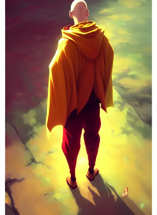 Image similar to handsome saitama, half body shot, path traced, red and yellow, cape, highly detailed, high quality, digital painting, alena aenami, lilia alvarado, shinji aramaki, karol bak, alphonse mucha, tom bagshaw