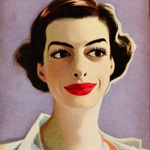 Prompt: “Anne Hathaway portrait, color vintage magazine illustration 1950”