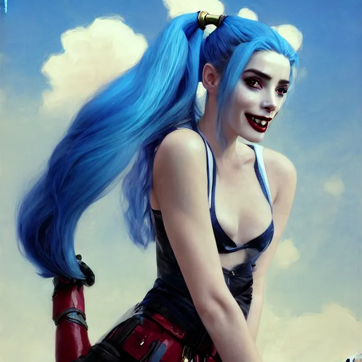 Prompt: portrait of a combination of Ashley Greene, Adriana Dxim, Grace Kelly and Lily Collins with blue hair as Harley Quinn, countryside, calm, fantasy character portrait, dynamic pose, above view, sunny day, thunder clouds in the sky, artwork by Jeremy Lipkin and Giuseppe Dangelico Pino and Michael Garmash and Rob Rey and Greg Manchess and Huang Guangjian, very coherent asymmetrical artwork, sharp edges, perfect face, simple form, 100mm