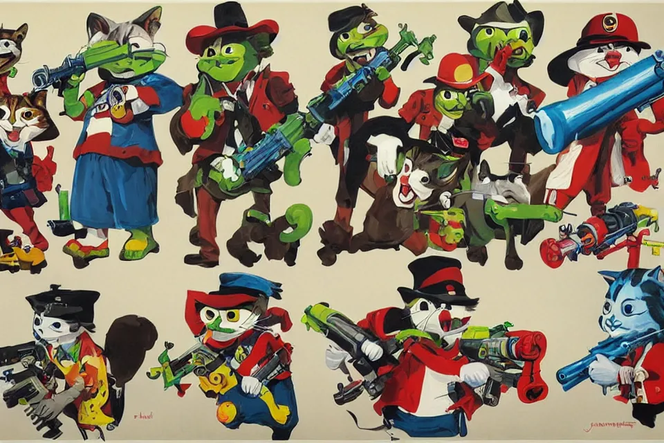 Prompt: concept paintings of cats holding supersoaker water guns, by jamie hewlett