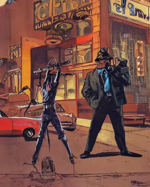 Image similar to detective pointing gun at camera, city street, artwork by ralph bakshi