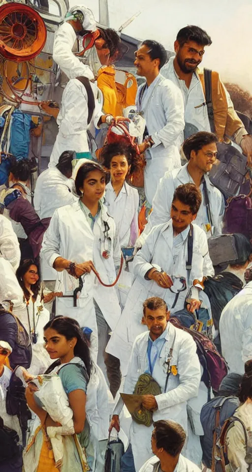 Prompt: close up of young Indian doctors in scrubs disembarking at Heathrow, sun shining, photo realistic illustration by greg rutkowski, thomas kindkade, alphonse mucha, loish, norman rockwell.