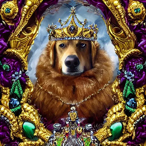 Prompt: an majestic portrait of canine dog man, wearing a crown, handsome, musculine, full body, fantasy, intricate, elegant, highly detailed, on a throne of crystals, meesh, artgem, zeforge, anhes, honovy, high detail, 8 k, intricate ornamental details, vibrant iridescent colors, green magenta and gold, concept art, character art