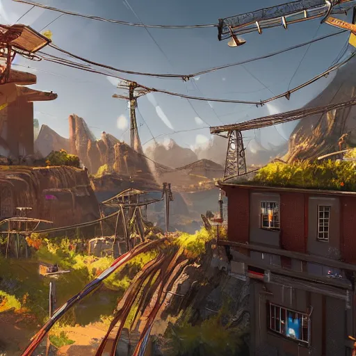 Prompt: advanced power source with power lines from apex legends in a pleasant urban setting surrounded by families, art station, ultra hd, soft light, overhead sun, ultra hd, art station