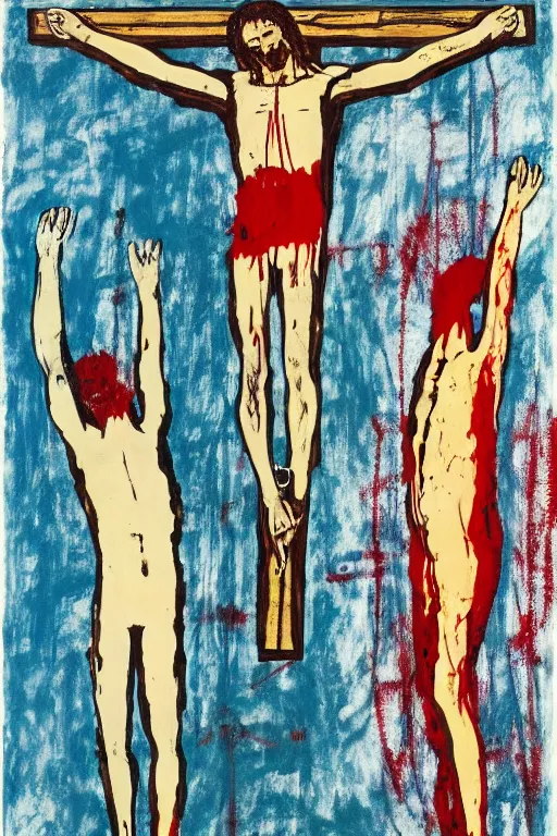 Image similar to bloody jesus christ crucified painted by cy twombly, basquiat and andy warhol