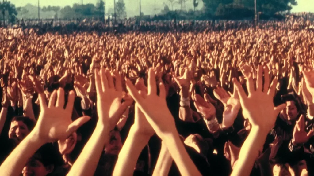 Prompt: movie still of a crowd waving hands saying good morning, cinematic composition, cinematic light, by edgar wright and david lynch