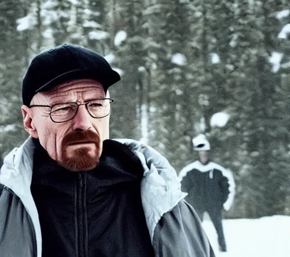 Image similar to Walter White wearing a black puffer jacket and a baseball cap, movie still, realistic