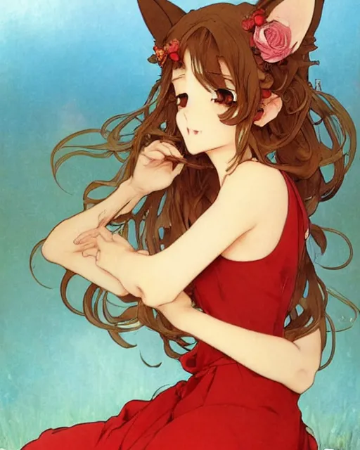 Image similar to A cute frontal fullbody painting of a beautiful anime skinny foxgirl with curly brown colored hair and fox ears on top of her head wearing a cute red dress with rose symbolic sitting on the stone looking at the viewer, elegant, delicate, soft lines, higly detailed, smooth , pixiv art, cgsociety, artgem, art by Gil Elvgren alphonse mucha, high quality, digital illustration, concept art