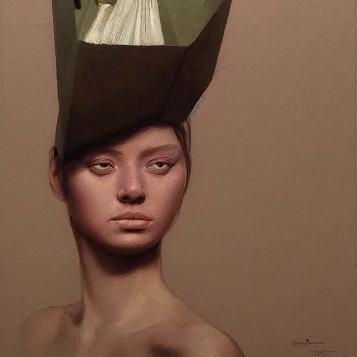 Prompt: woman portrait with a paper bag over the head and a sward, highly detailed, artstation, art by ilya kuvshinov, zdislav beksinski, wayne barlowe, edward hopper