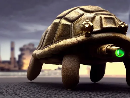 Prompt: a realistic rendering of a steampunk time traveling tortoise teleporting into the future, rendered on octane
