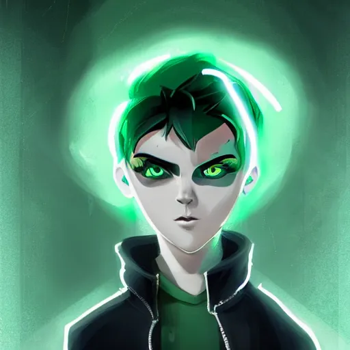 Image similar to a digital matte intricate face illustration concept art, young danny phantom with glowing green eyes cute alt art fashion inspired by charlie bowater and wlop and mark arian and ross tran + neon colors, symmetry, intricate complexity, epic composition, magical atmosphere, highly detailed, cinematic lighting + masterpiece, trending on artstation + 8 k