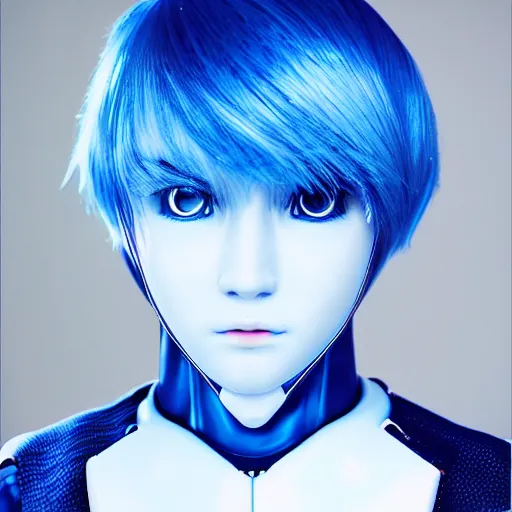 Image similar to japanese male android, pretty plastic face, blue hair, blue eyes, cute humanoid robot, face focus, realistic anime style