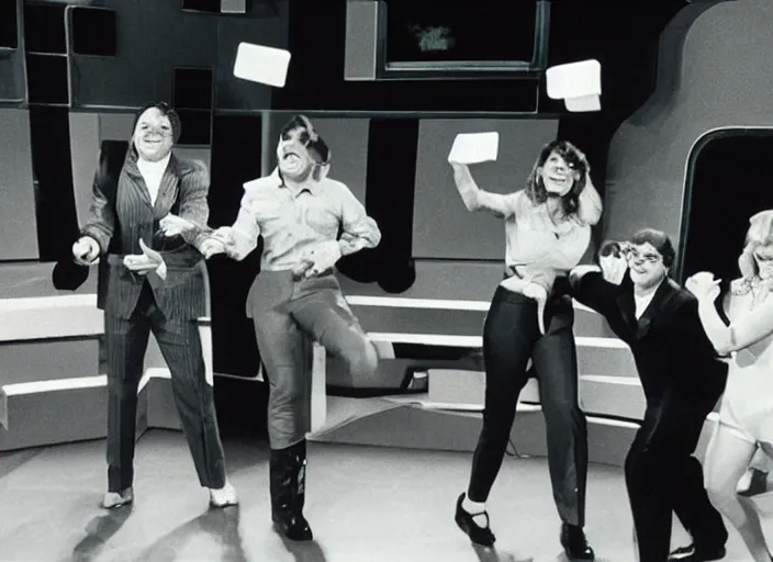 Prompt: a broadcast still of a 8 0 s game show and contestants playing crazy games, color broadcast