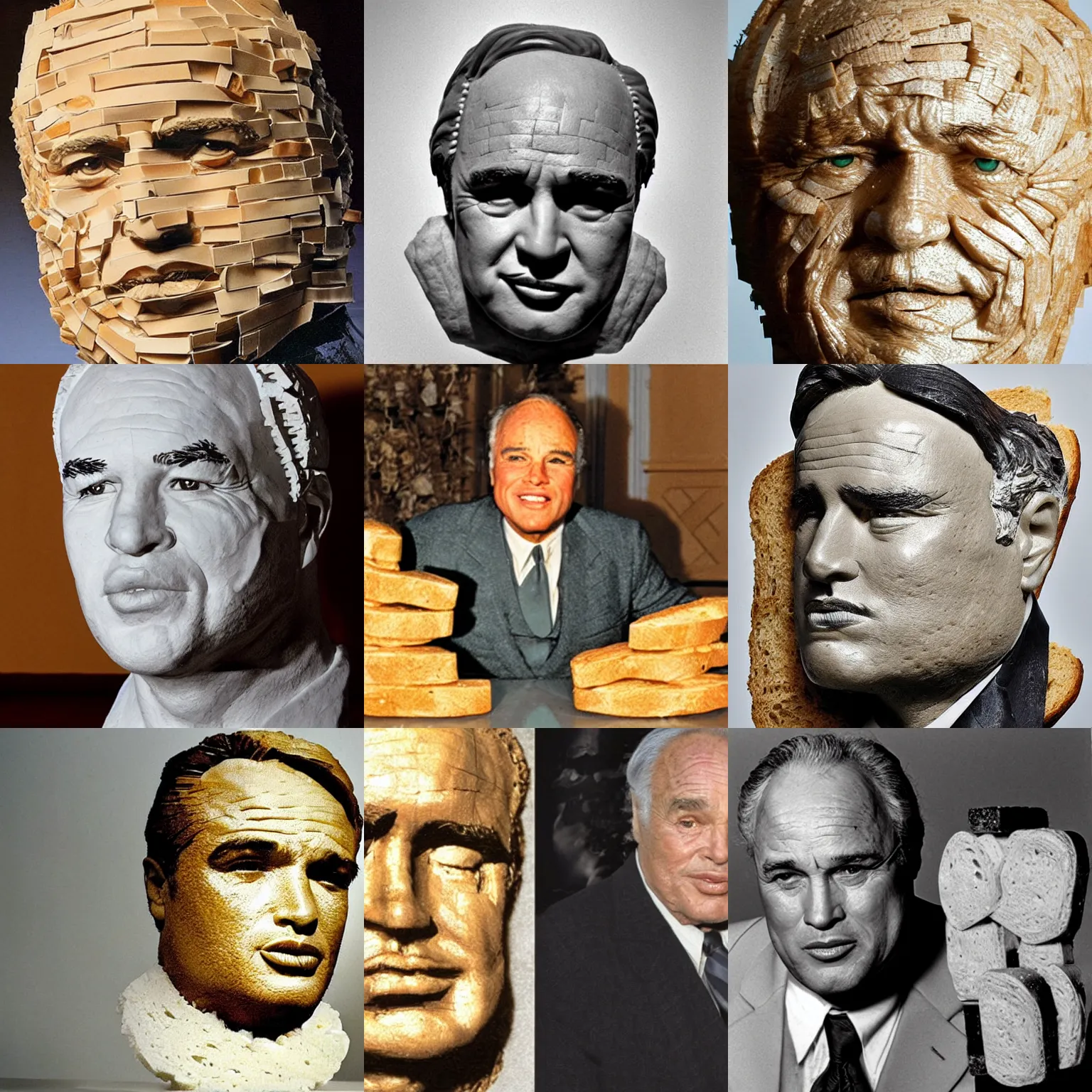 Prompt: marlon brando sculpture made from pieces of bread