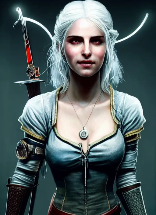 Prompt: portrait of Ciri from the Witcher as a character in Cyberpunk 2077, looking at camera, intricate, elegant, sci-fi, extremely detailed, digital painting, artstation, concept art, smooth, sharp focus, illustration, ambient lighting, incredible art by artgerm and greg rutkowski and alphonse mucha and simon stalenhag