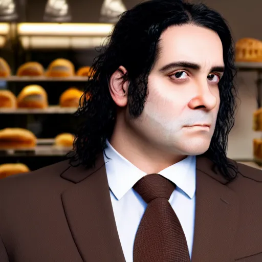 Prompt: Close up portrait of a clean-shaven chubby man with long black hair wearing a brown suit and necktie with a bakery in the background. Photorealistic. Award winning. Dramatic lighting. Intricate details. UHD 8K. He looks guilty and is giving puppy dog eyes.