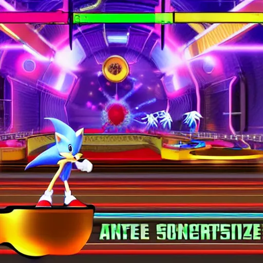 Prompt: Sonicmancer the hedgehog, in full futuristic battle armor, in casino zone