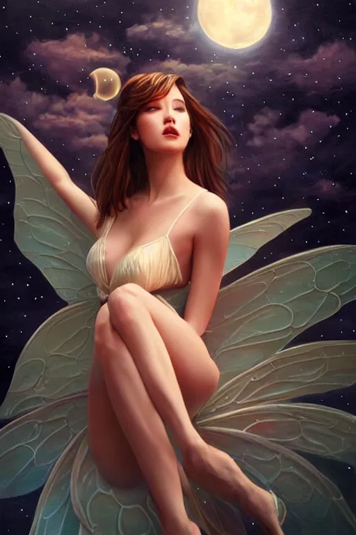 Image similar to attractive fairy magically floating high in the night, fantasy, full moon in background. highly detailed painting by artgerm, mid shot, 8 k